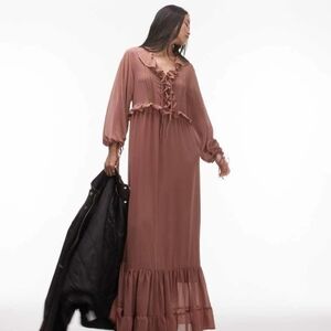 Topshop Long Sleeve Brown Maxi Dress Size 12, Nwt